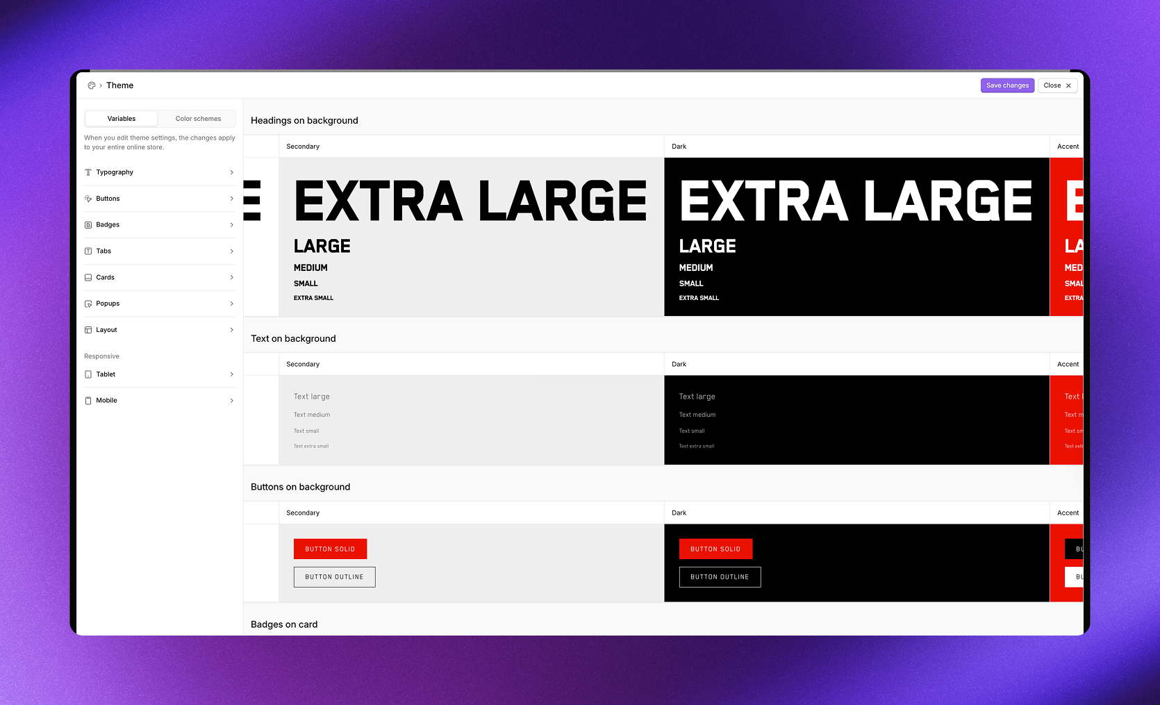 Theme editor showing variables panel and live preview
