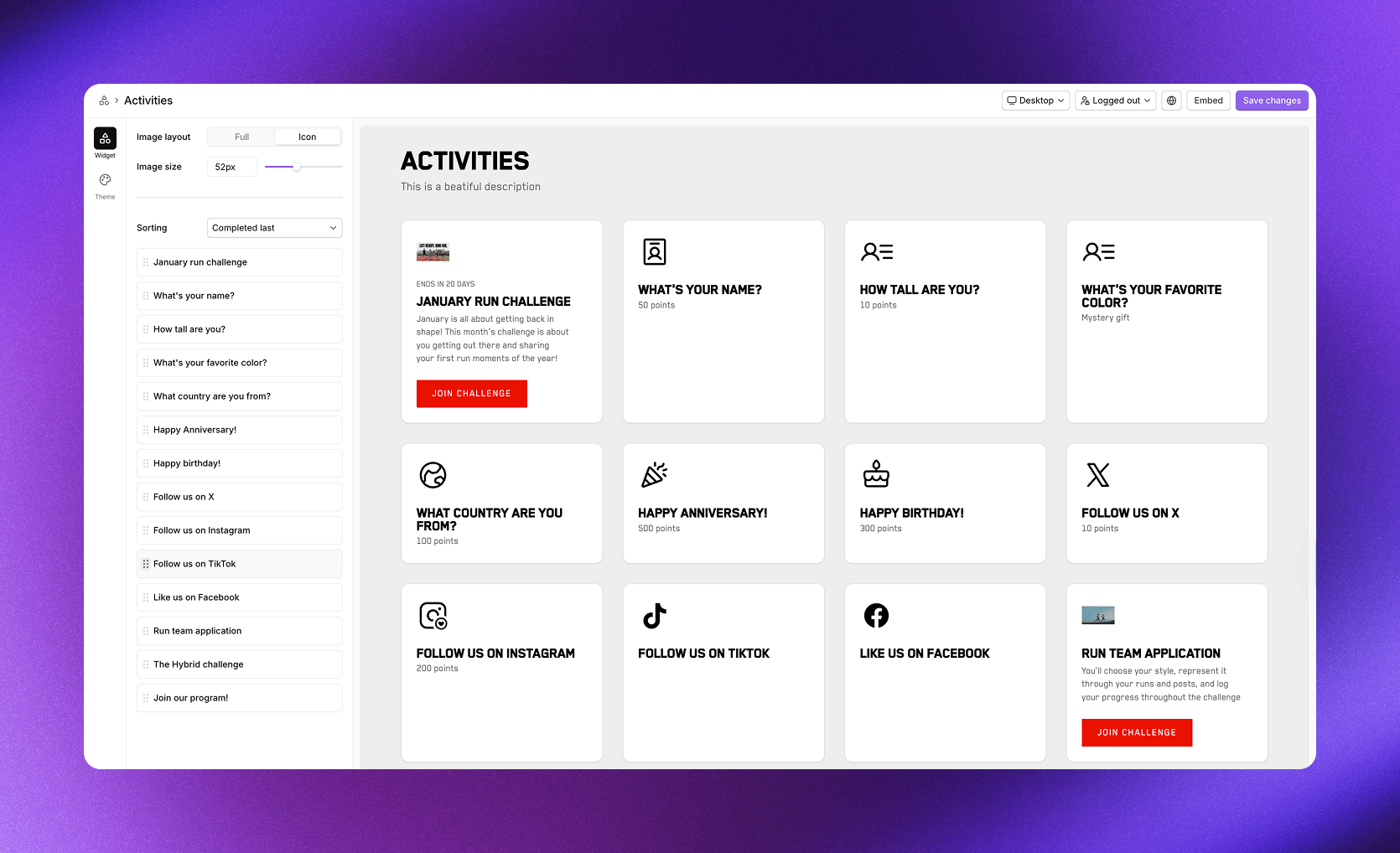 Activities section showing available activities and challenges in a grid