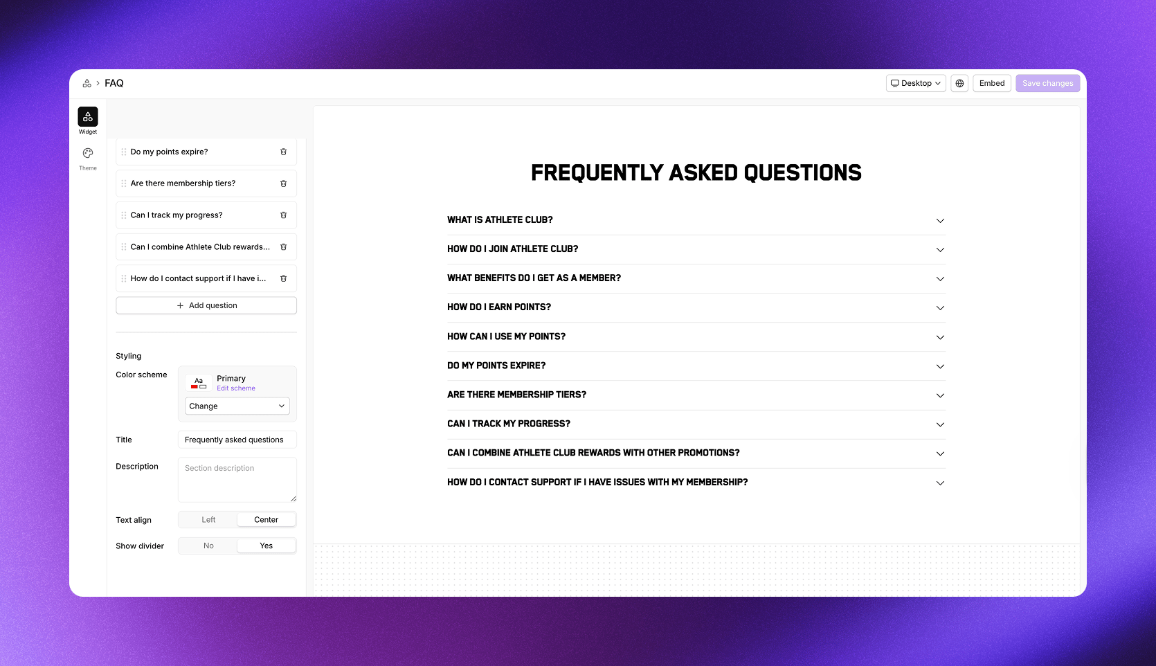 FAQ section showing expandable questions and answers