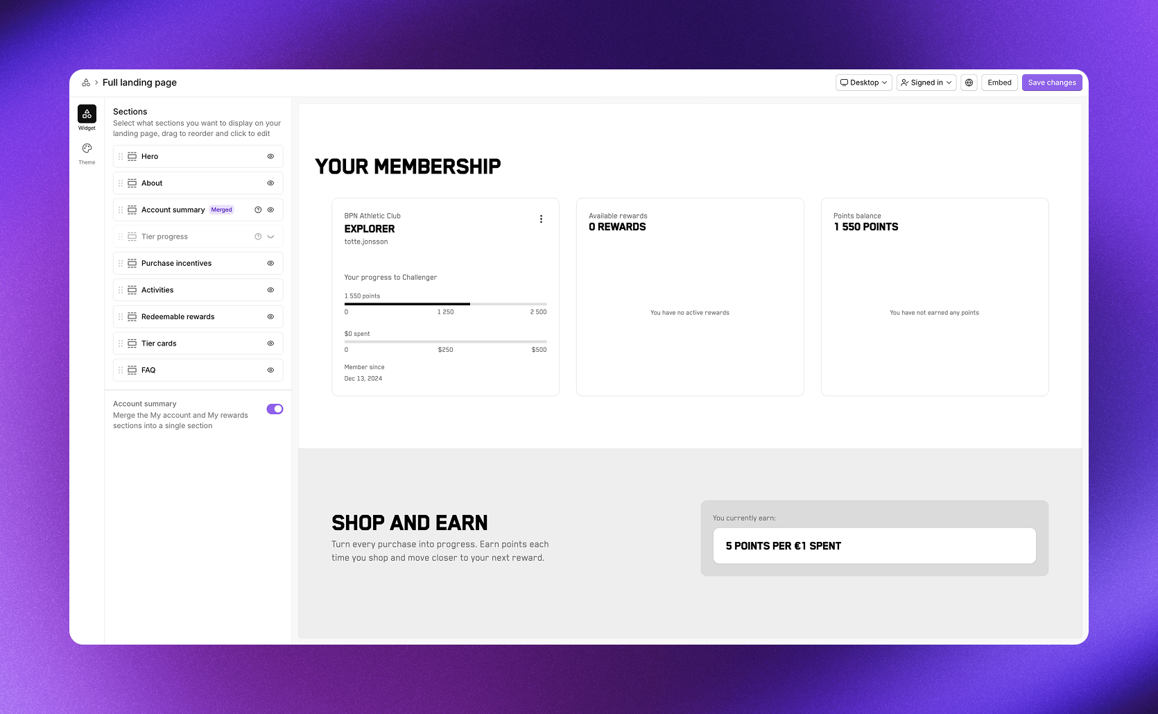 Full landing page widget editor showing section management