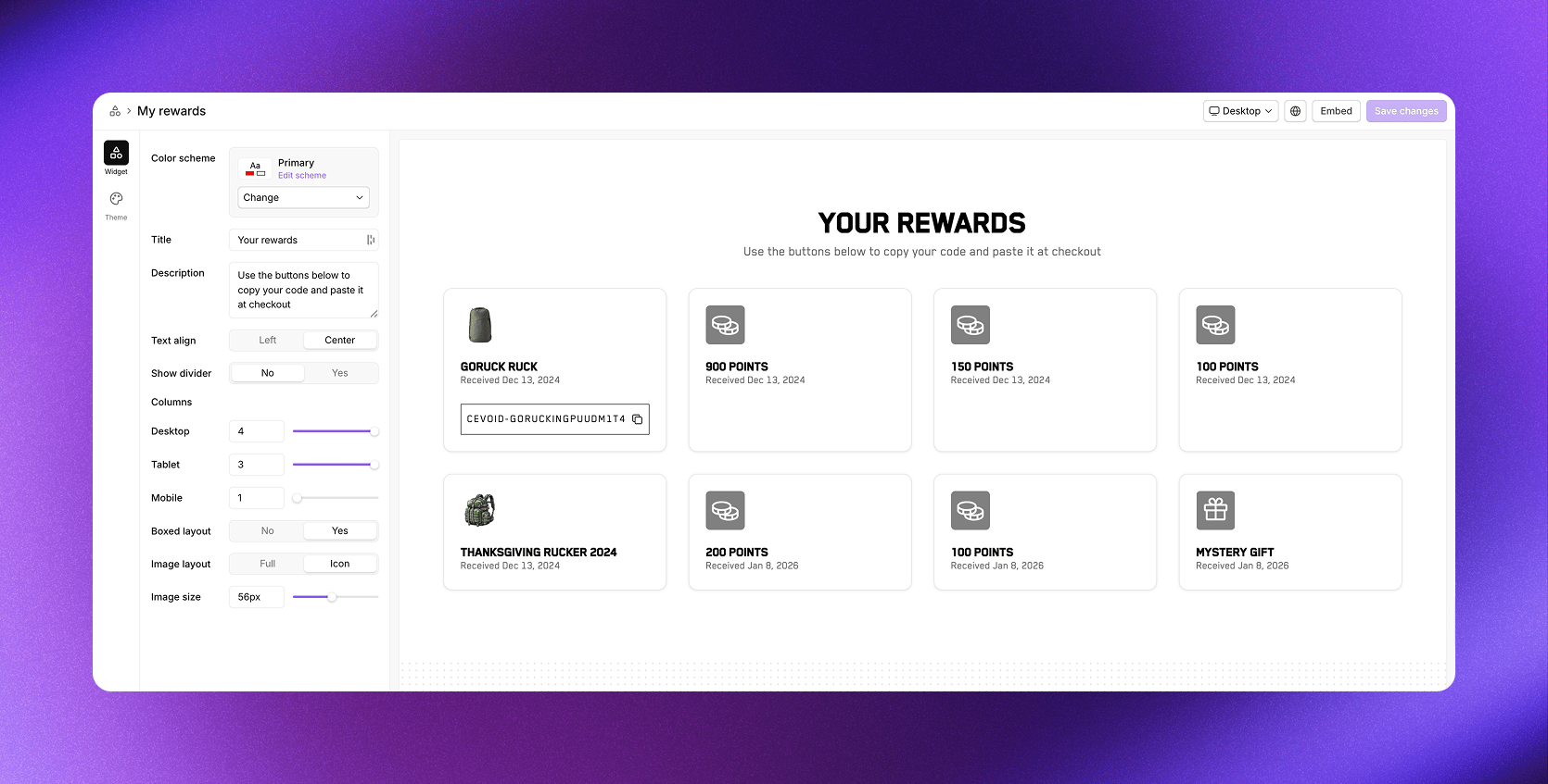 My rewards section showing earned rewards in a grid layout