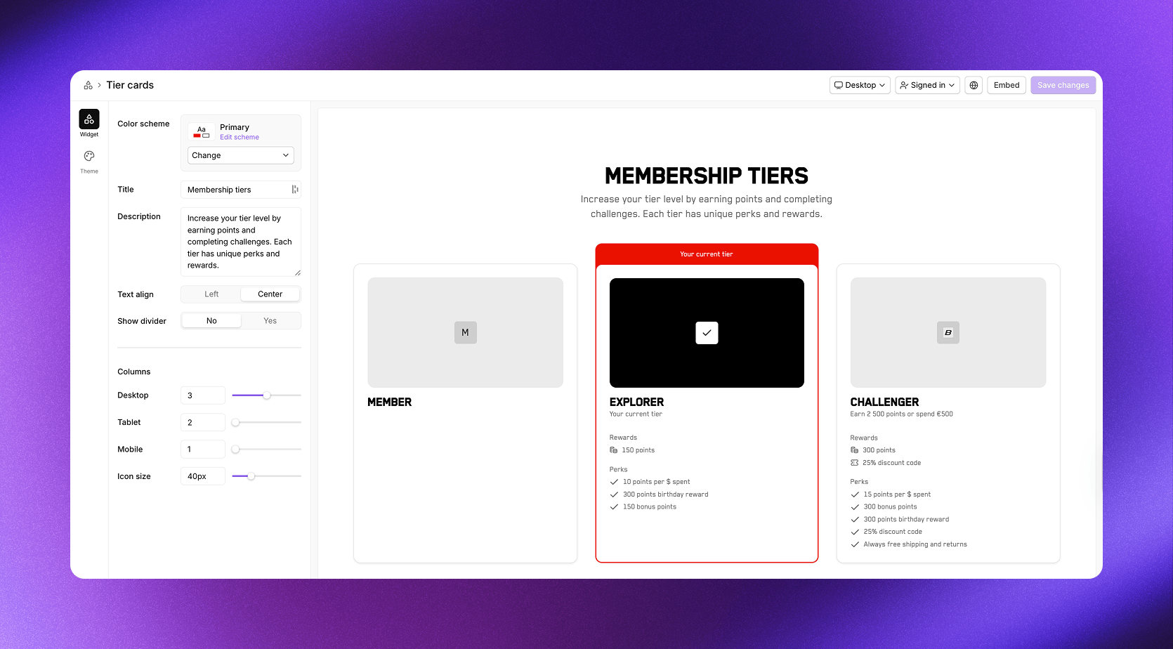 Tier cards section showing all program tiers with their rewards and perks