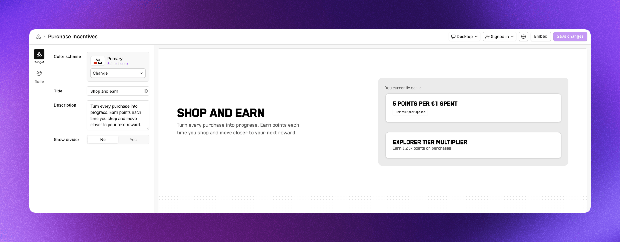Purchase incentives section showing points earning rate