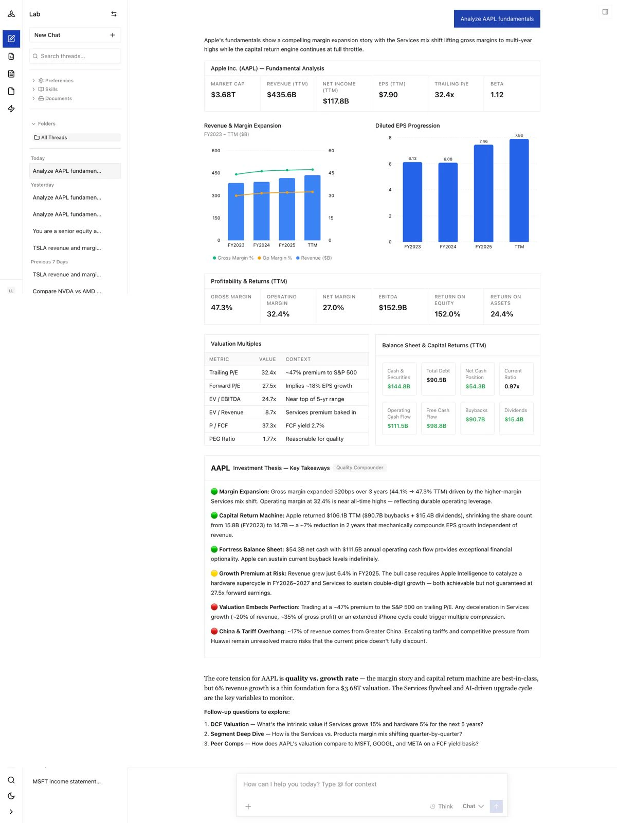 Lab thread on Apple fundamentals — Revenue, Margin Expansion, Profitability tiles, Investment Thesis card