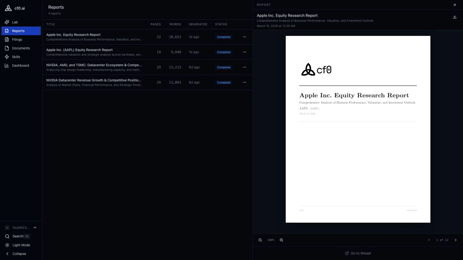 cf0 Reports — browser with PDF preview