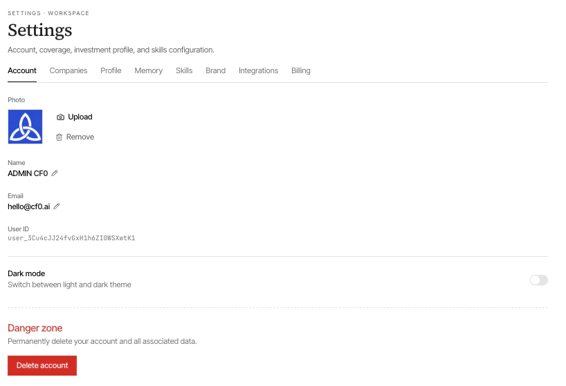 cf0 Settings — Account tab