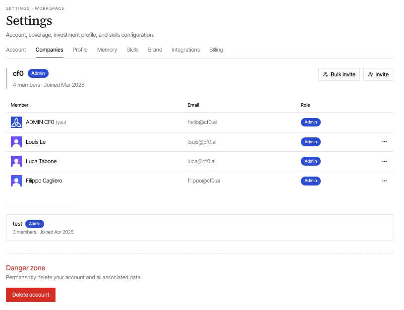 cf0 Settings — Companies tab showing team members and roles