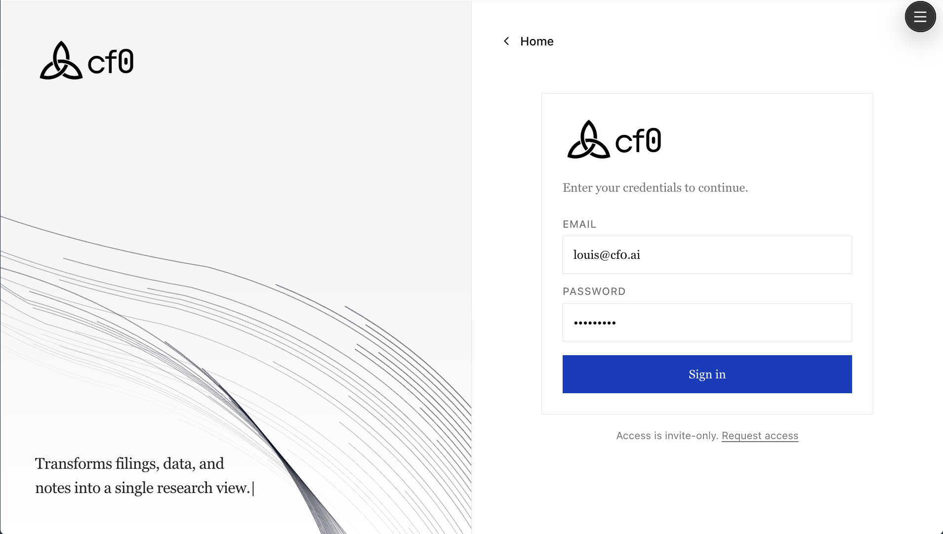 cf0 sign-in screen — split layout with brand left, credentials form right