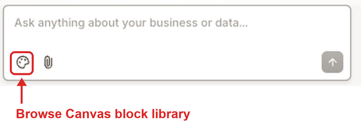 The Ari chat message box with the palette icon at the bottom left highlighted and labeled Browse Canvas block library.