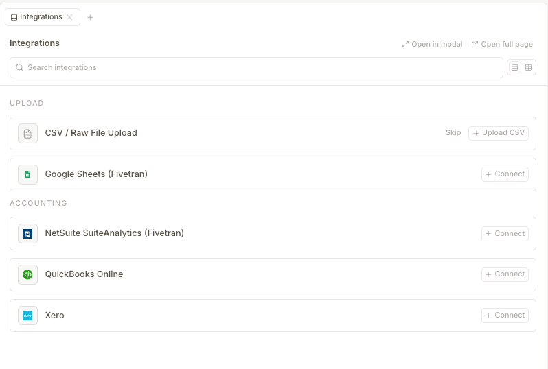 The cfo.ai integration catalog showing accounting, spreadsheet, and file connections