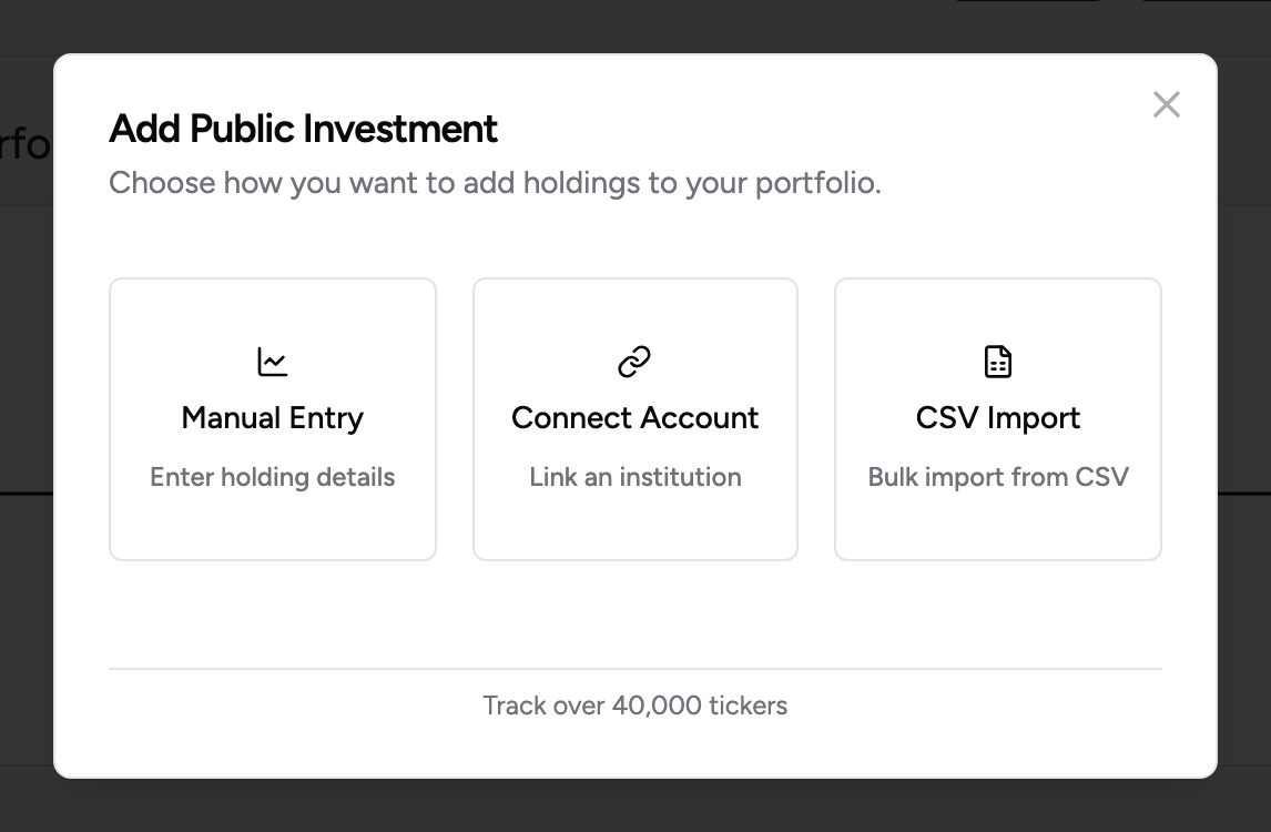 The Add Public Investment options: Manual Entry, Connect Account and CSV Import