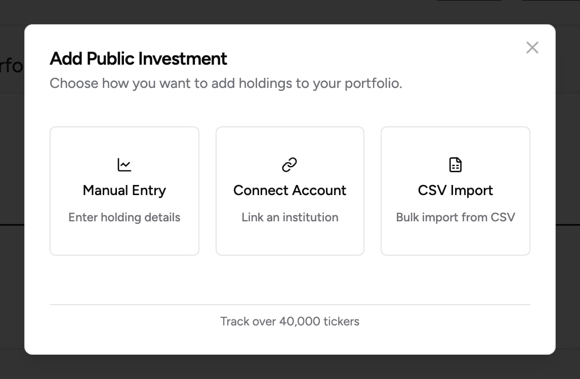 The Add Public Investment options: Manual Entry, Connect Account and CSV Import