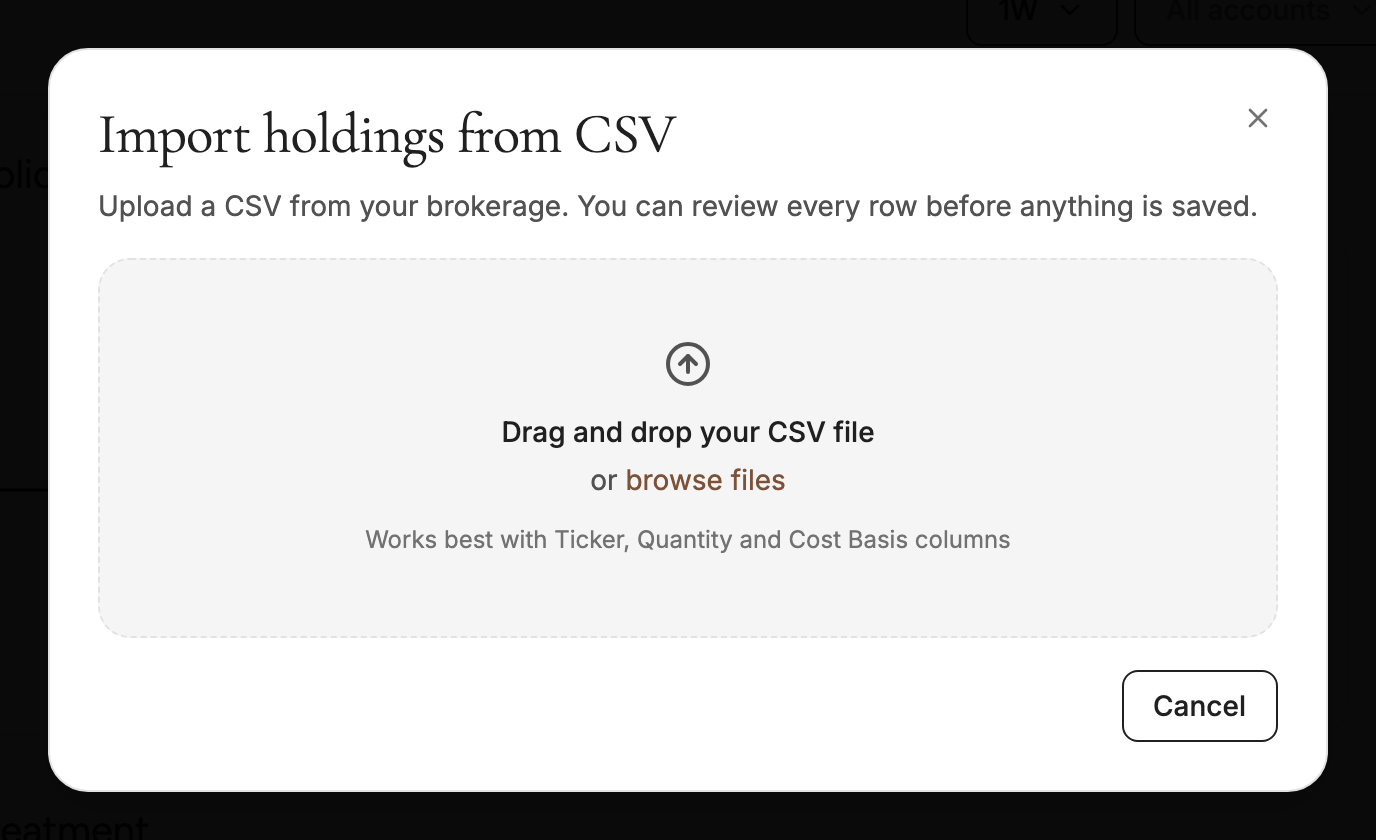 The Import holdings from CSV dialog