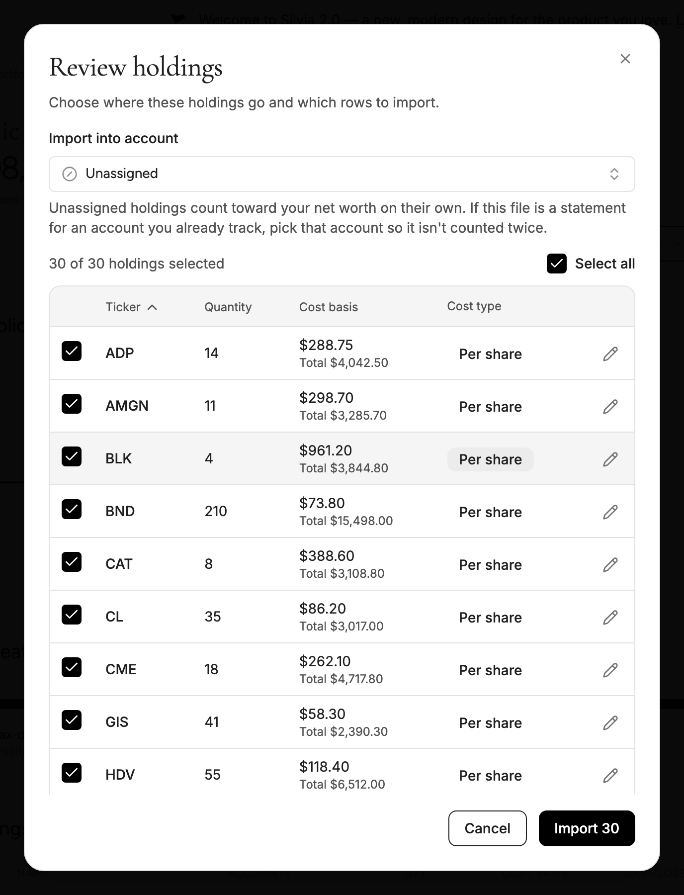 Review holdings: every row from the file, with its quantity, cost basis and cost type