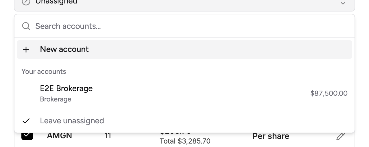 The account picker, listing your investment accounts with their current value
