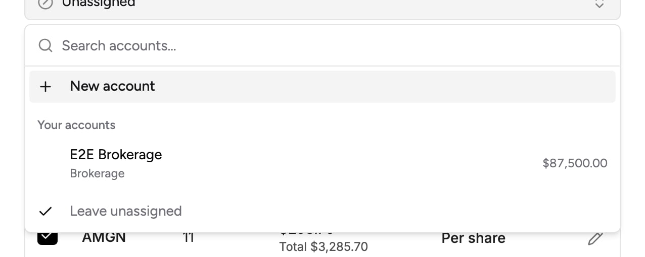 The account picker, listing your investment accounts with their current value