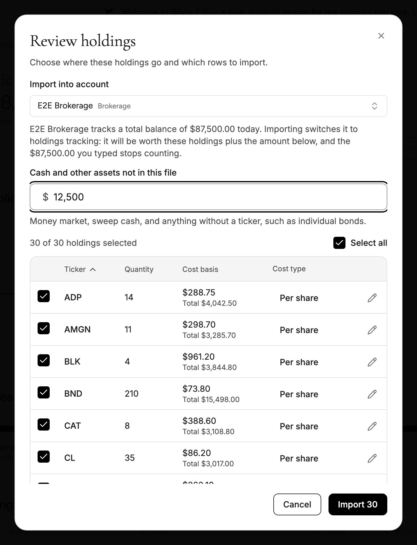 Importing into an account that tracks a typed balance, with the cash and other assets field