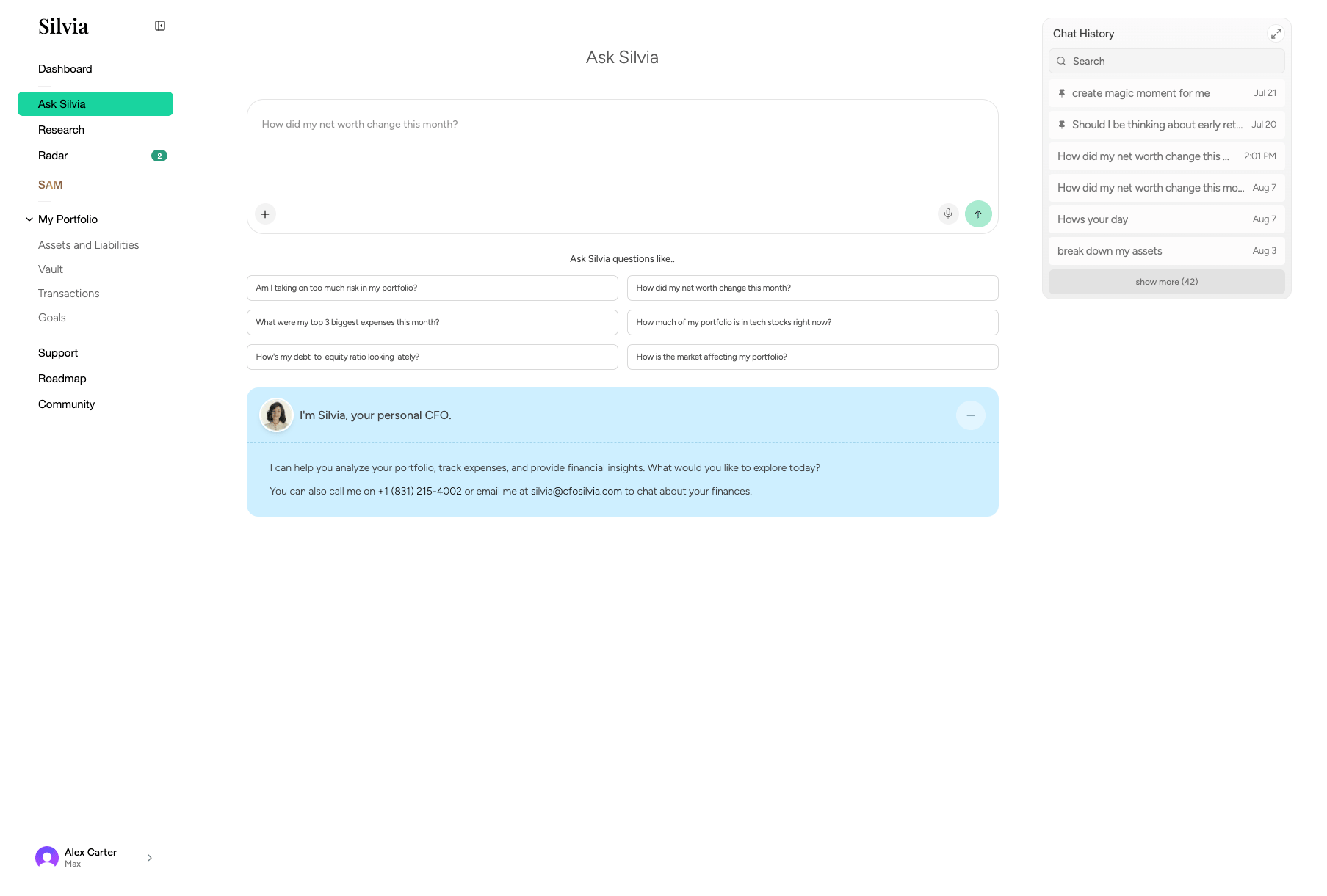 Ask Silvia workspace with suggested questions and chat history