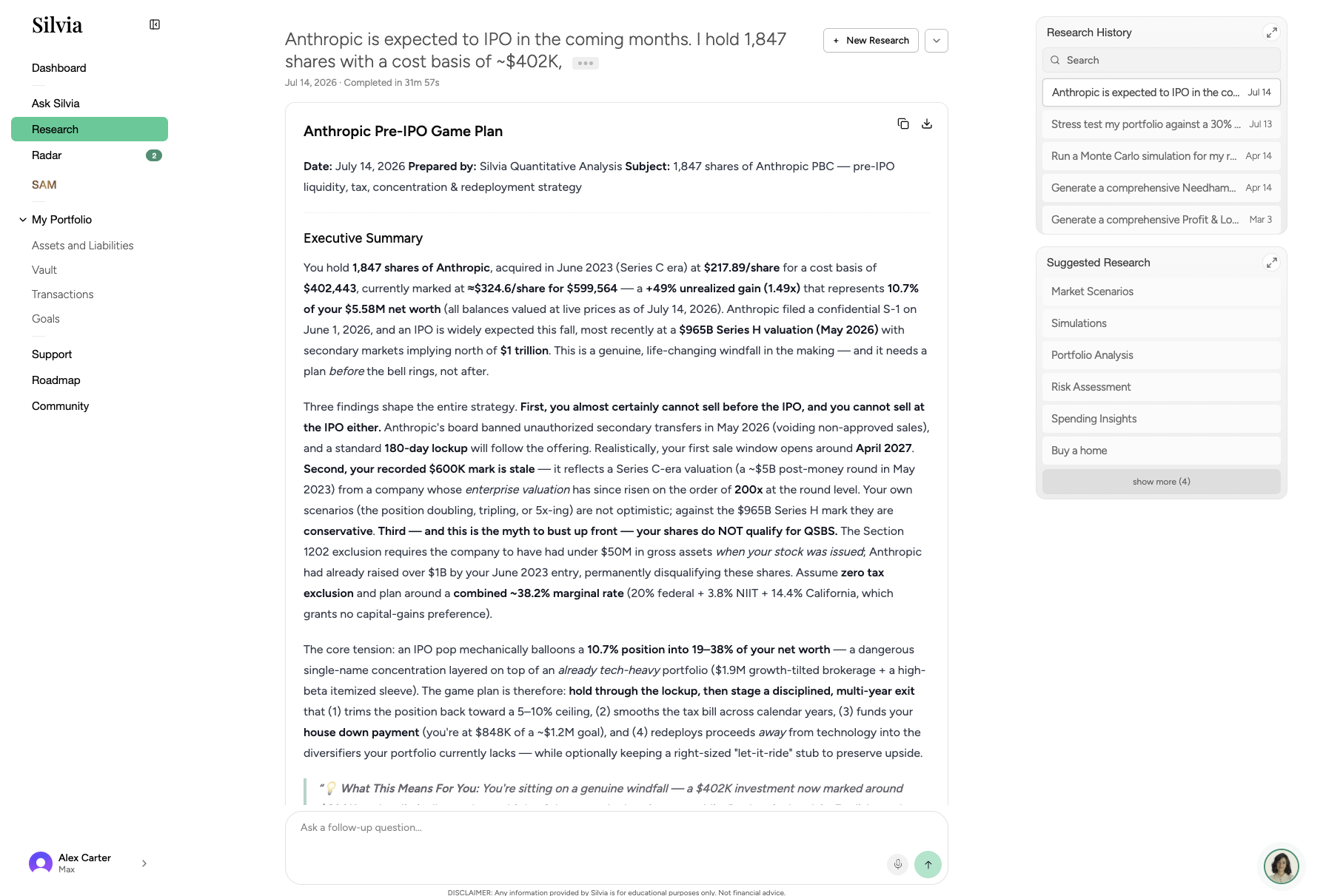 Research workspace showing a completed report, research history, suggested topics, and a follow-up question field