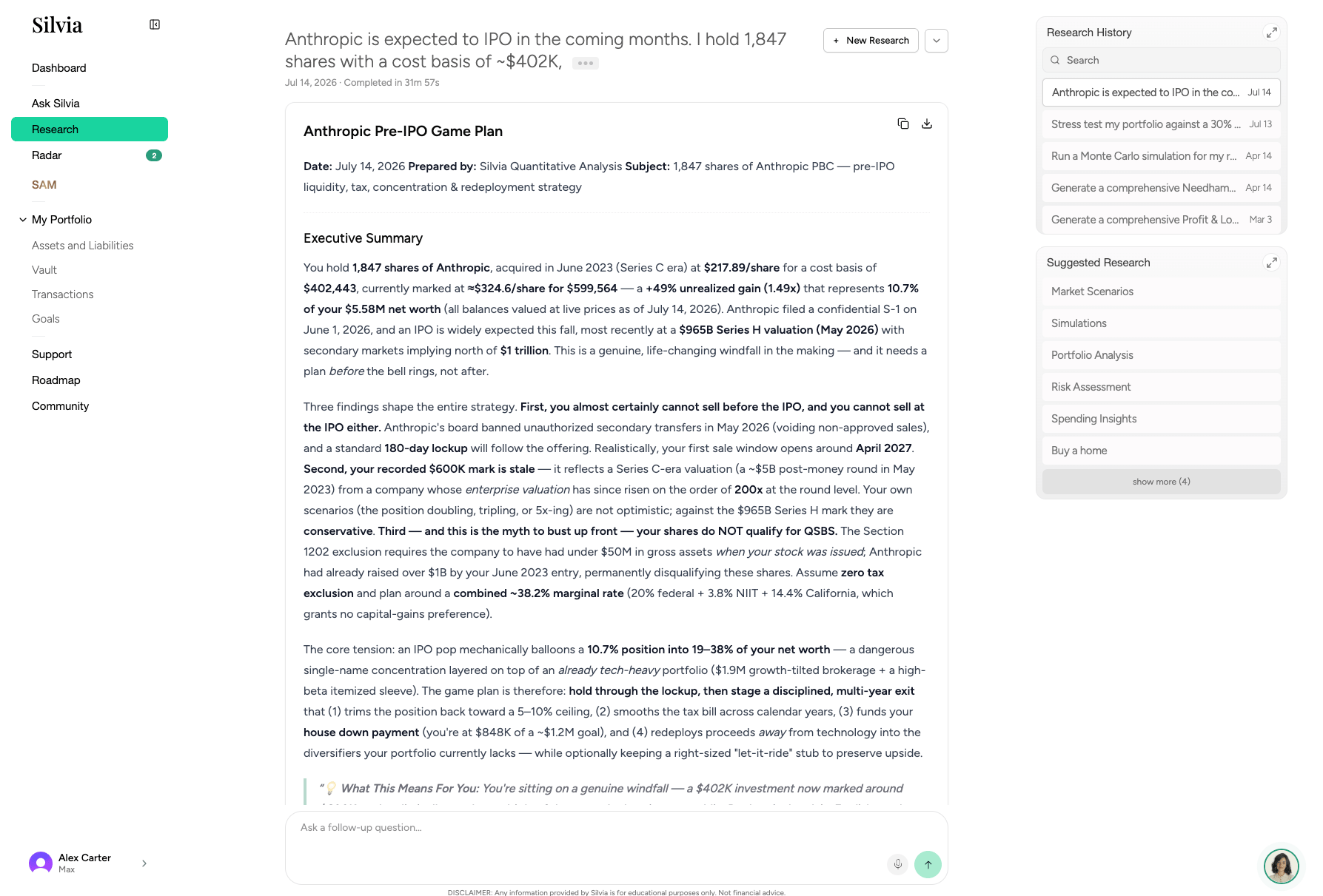 Research workspace showing a completed report, research history, suggested topics, and a follow-up question field