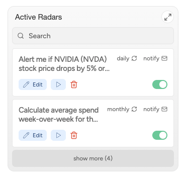 Active Radars panel with search, scheduled alert cards, edit and run controls, and enable toggles
