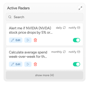 Active Radars panel with search, scheduled alert cards, edit and run controls, and enable toggles