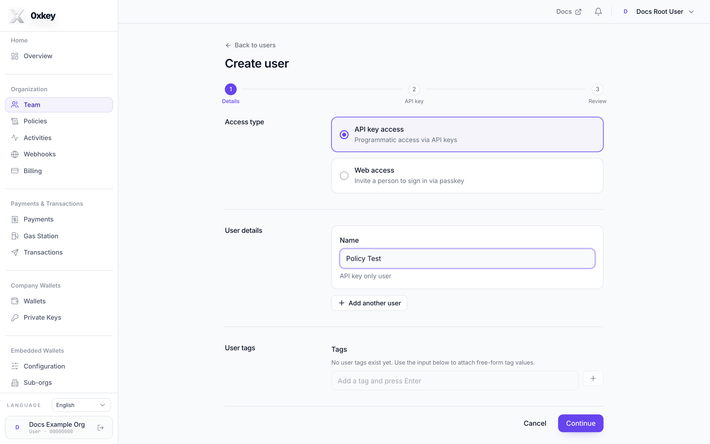 Create user with API key access