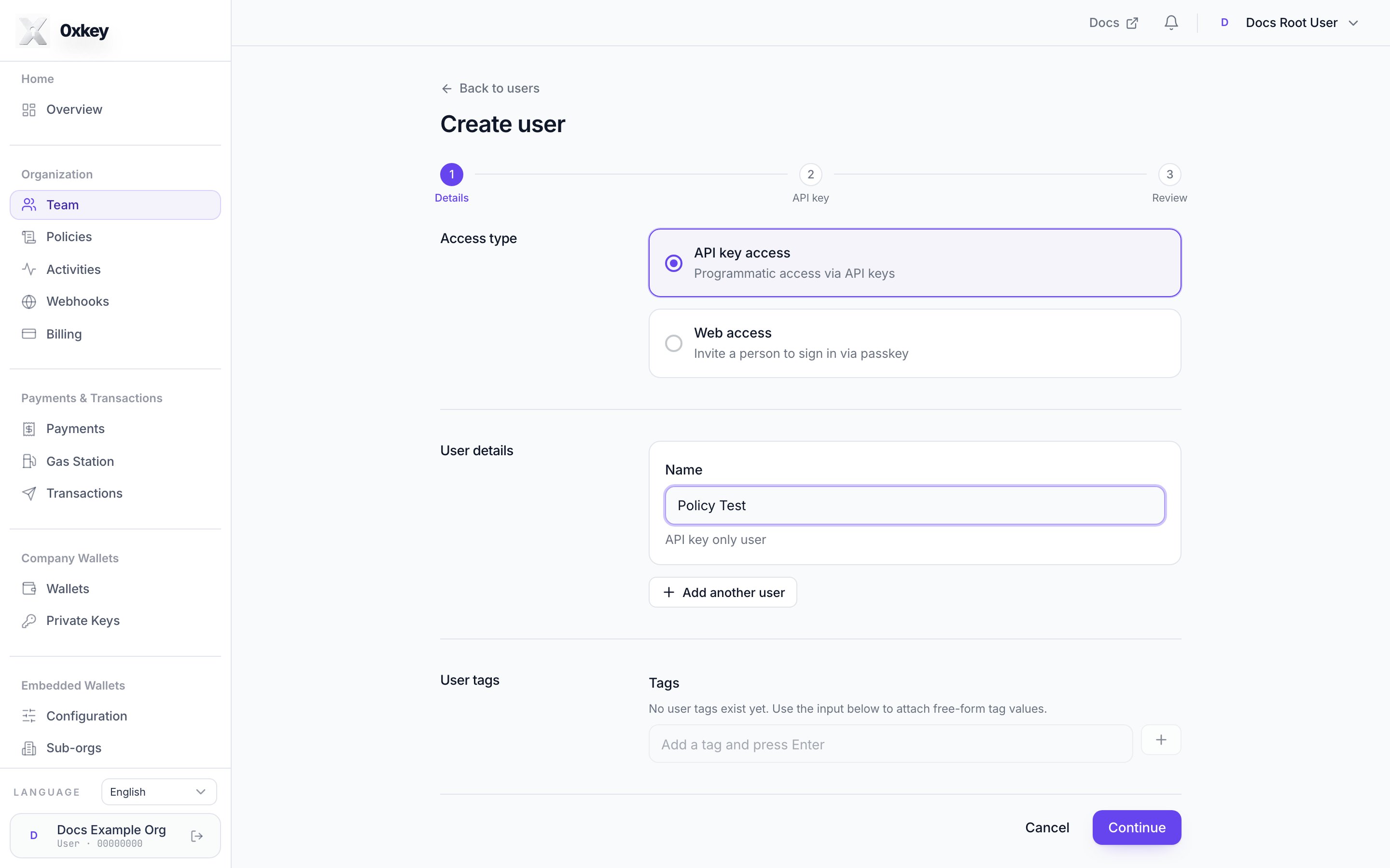 Create user with API key access