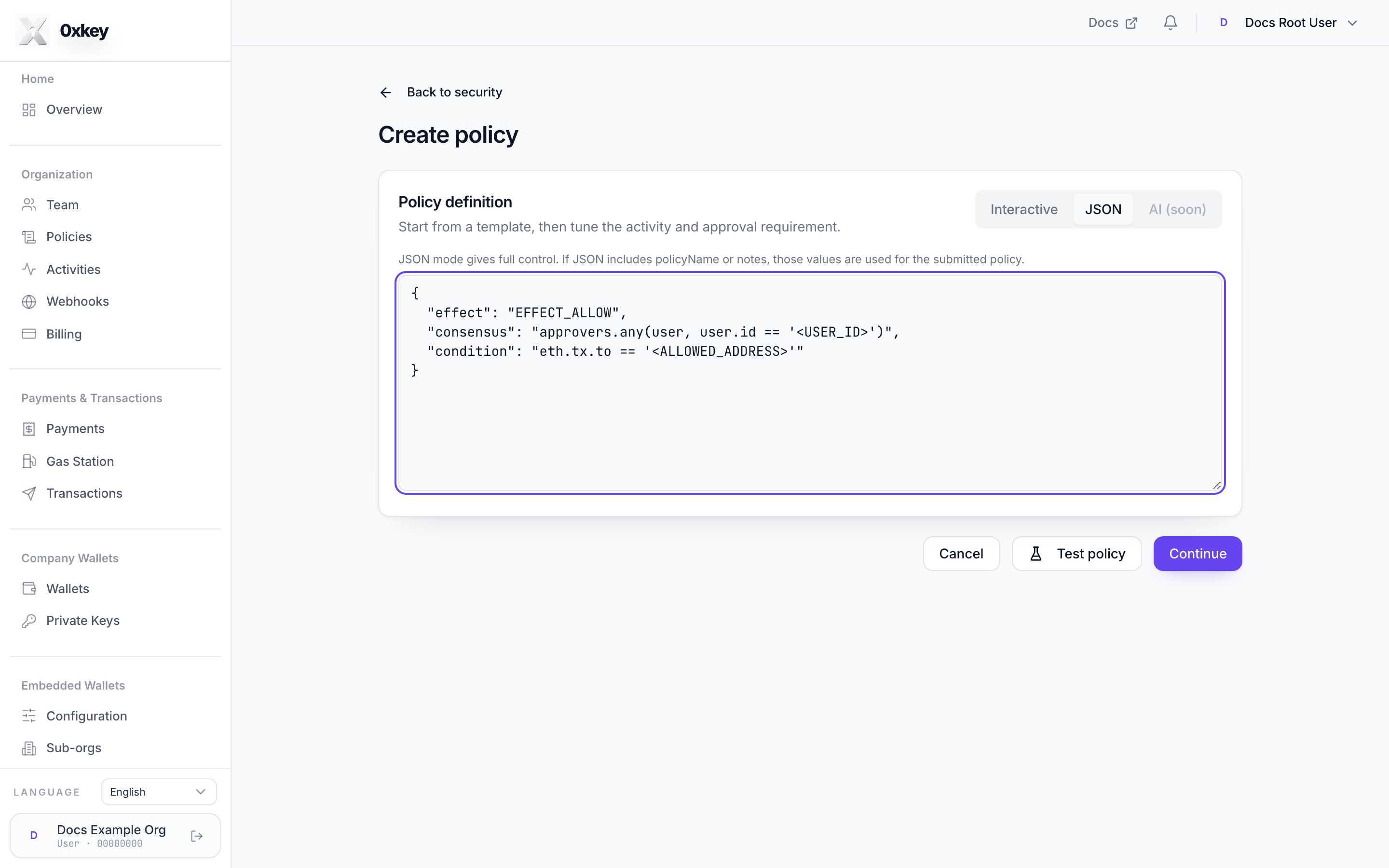 Create policy in JSON mode