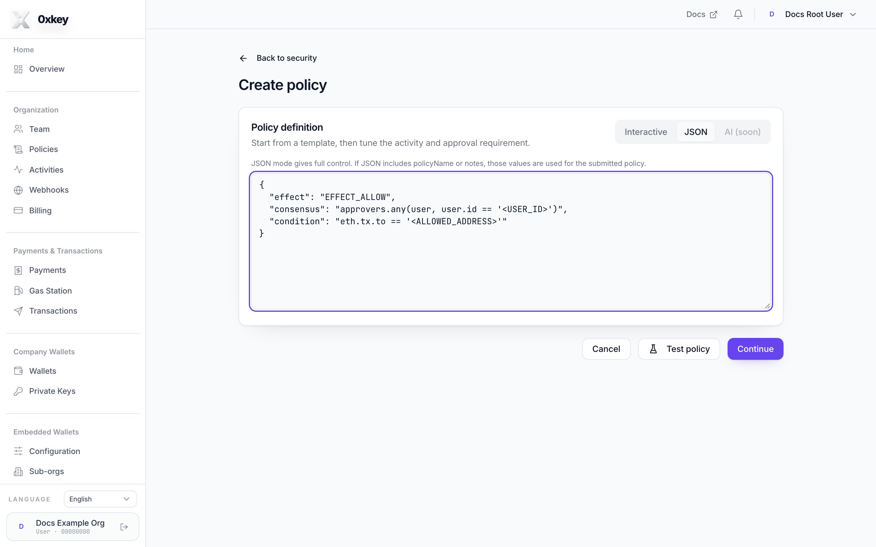 Create policy in JSON mode