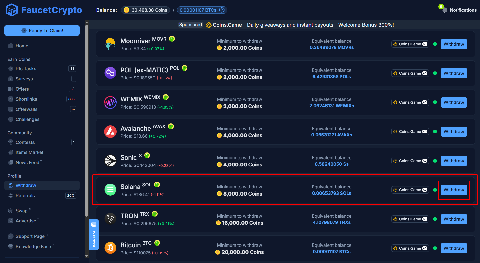 Faucetcrypto Withdraw Solana Pn