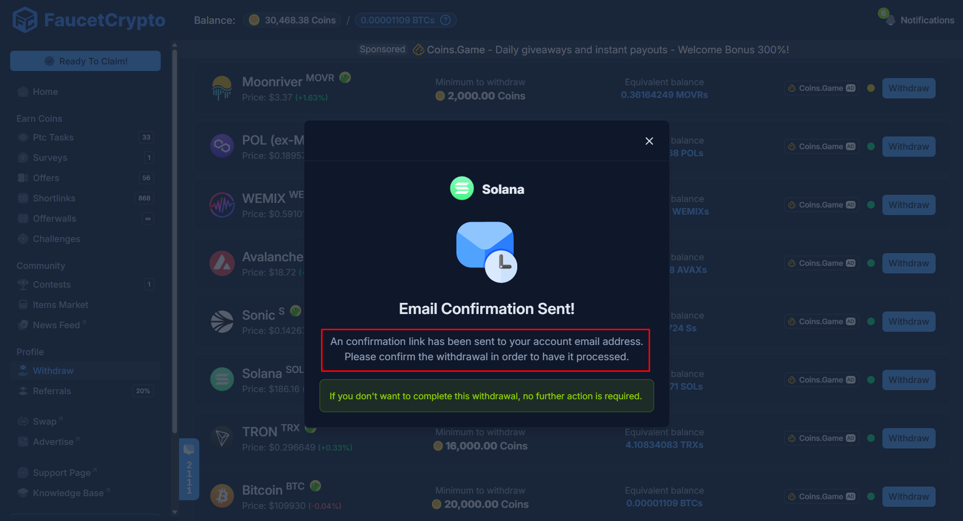 Faucetcrypto Withdrawal Emailconfirmation Sent Pn