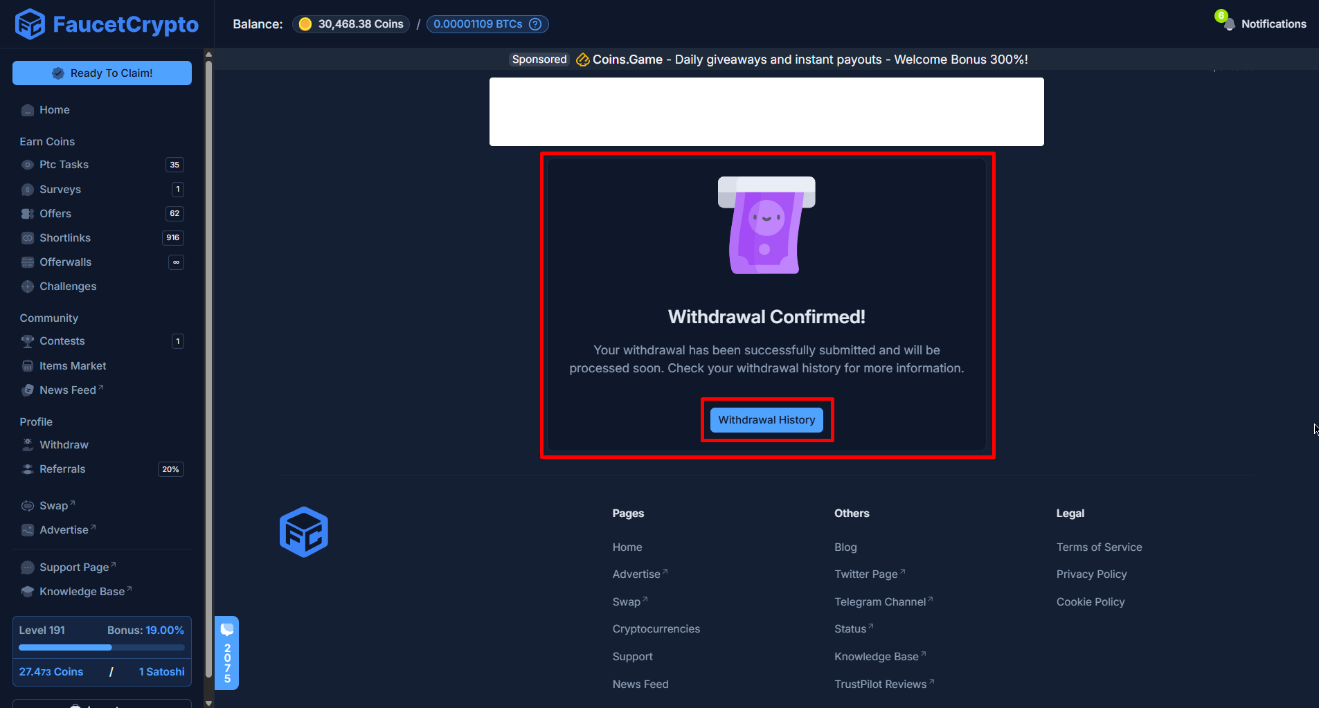 Faucetcrypto Withdrawalconfirmed Modal Pn