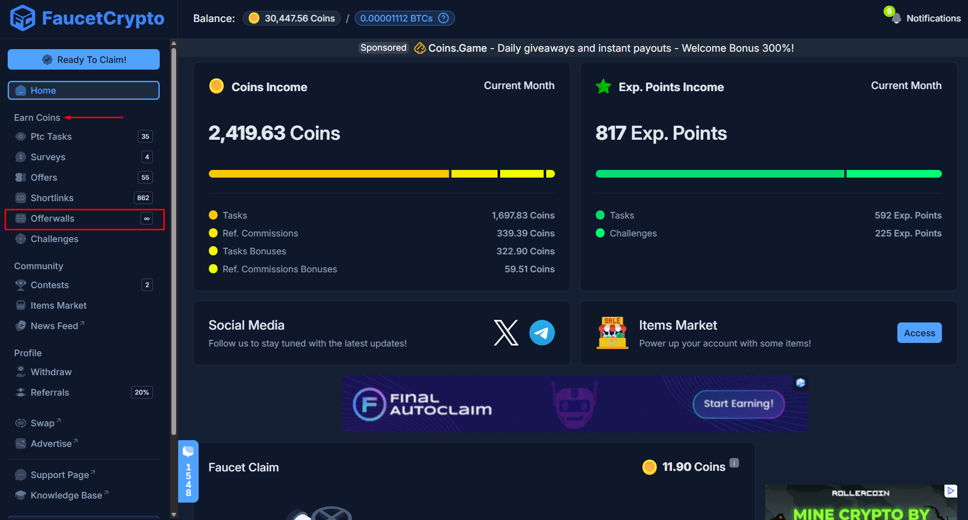 Faucetcrypto Earncoins Offerwalls Pn