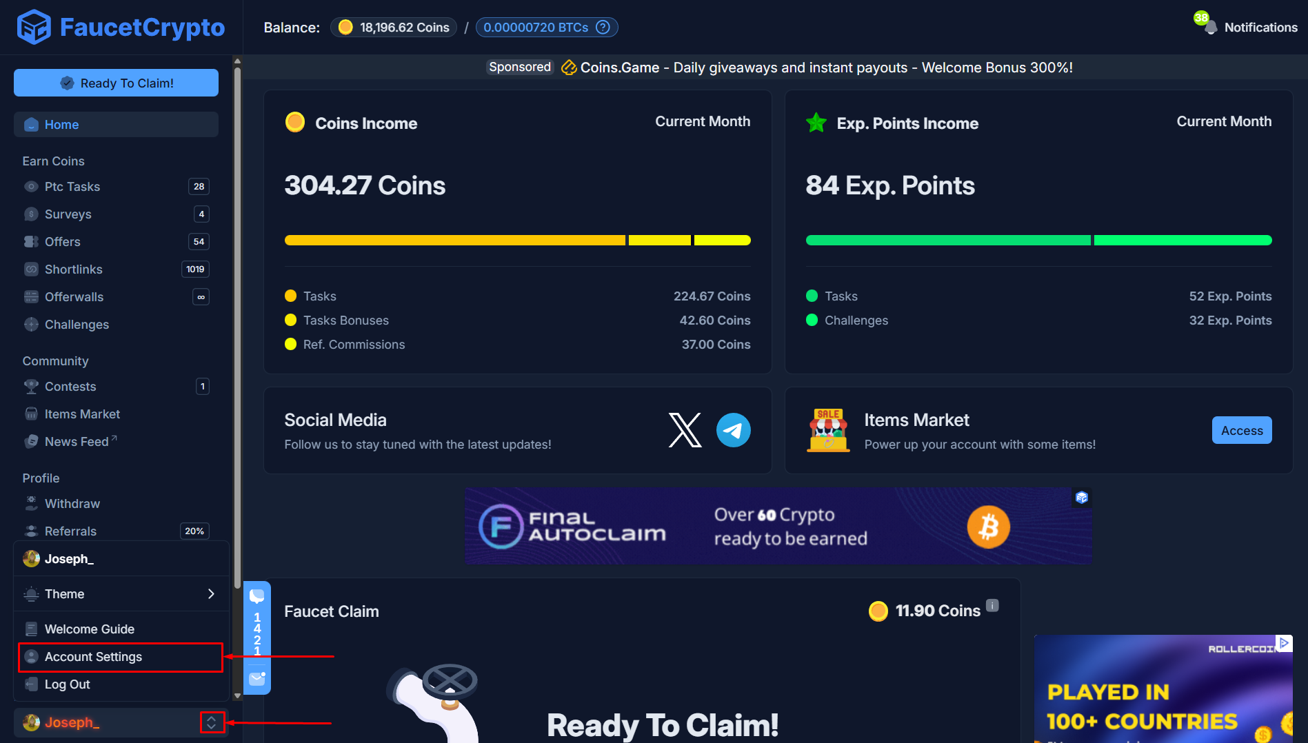 Faucetcrypto Dashboard AccountSettings Pn