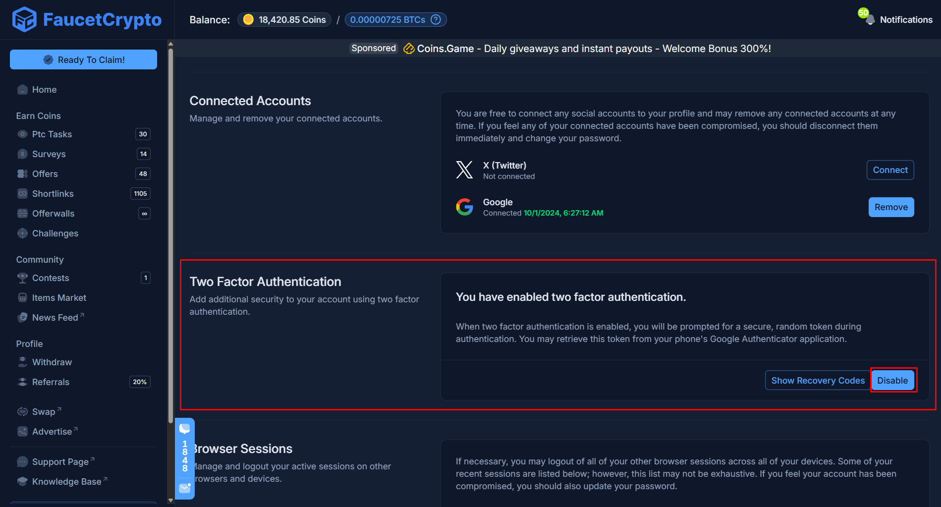 Faucetcrypto 2fa Disable Pn