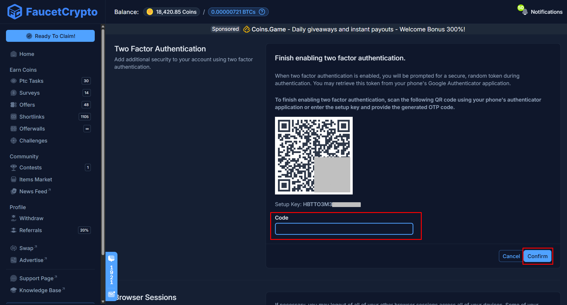 Faucetcrypto 2fa Qrcode Confirm Pn