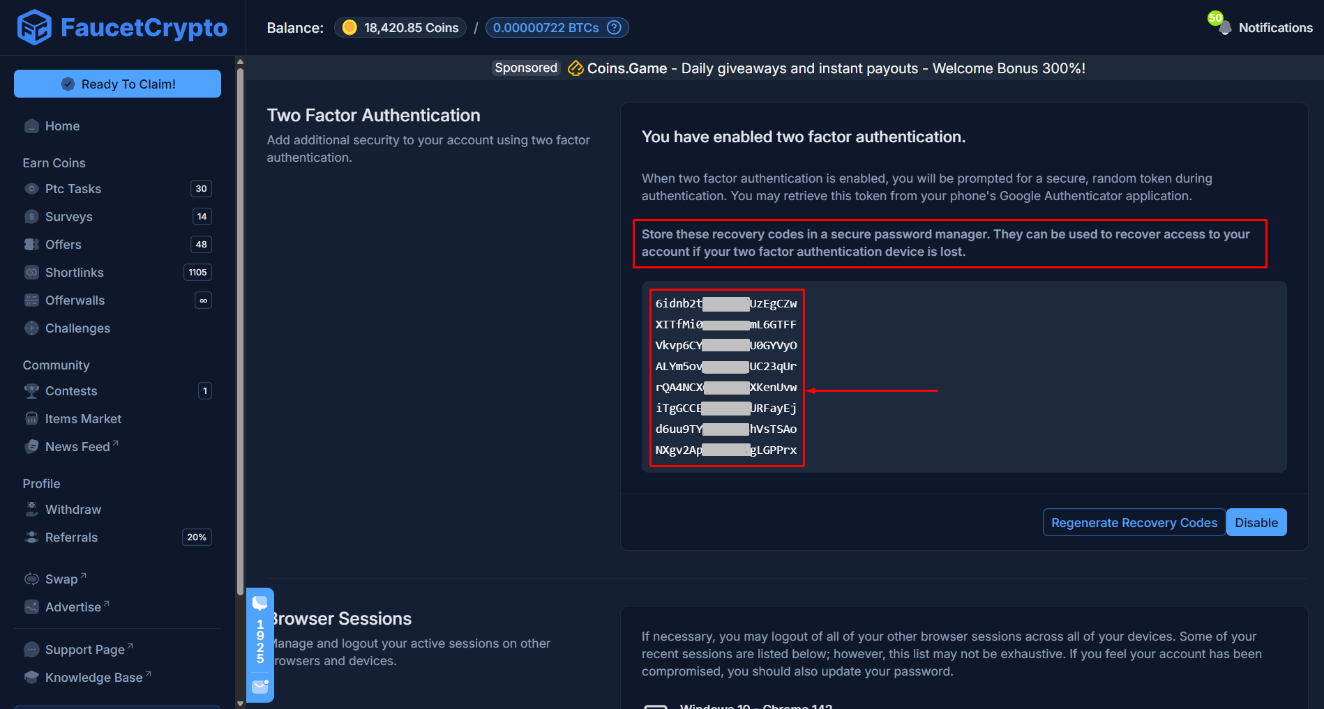 Faucetcrypto 2fa Recoverycodes Pn