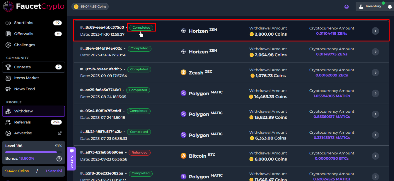Faucetcrypto Withdraw Horizen Completed Pn