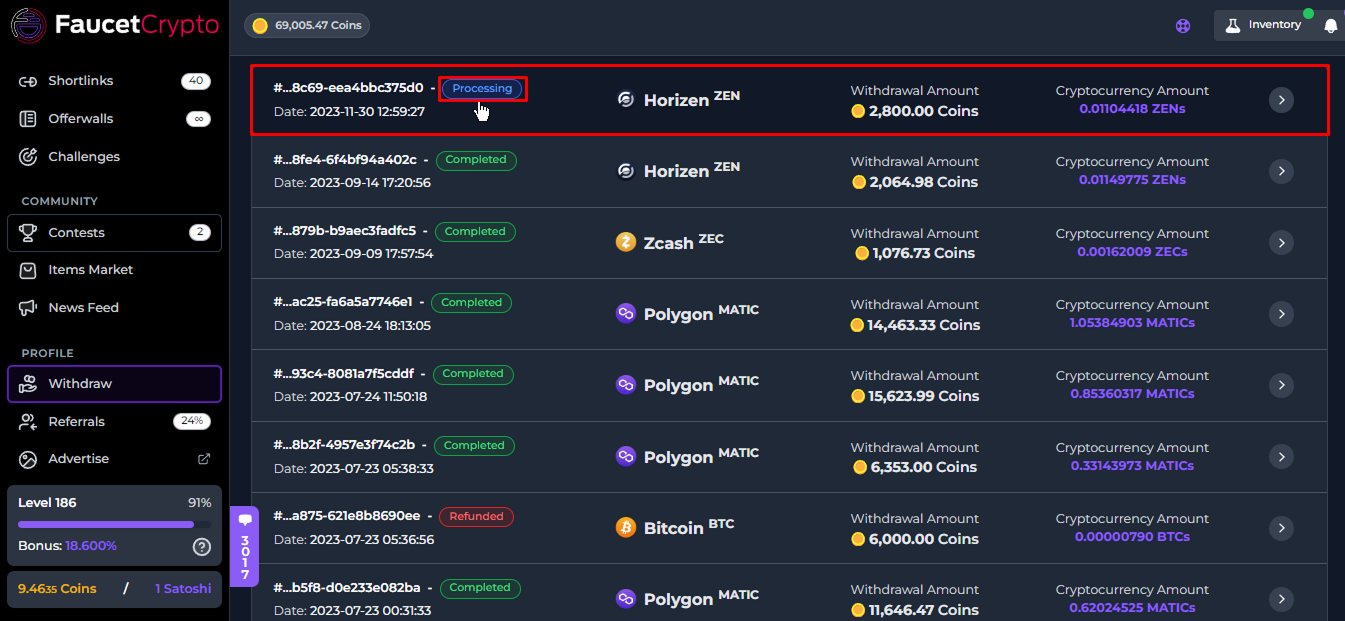 Faucetcrypto Withdraw Horizen Processing Pn