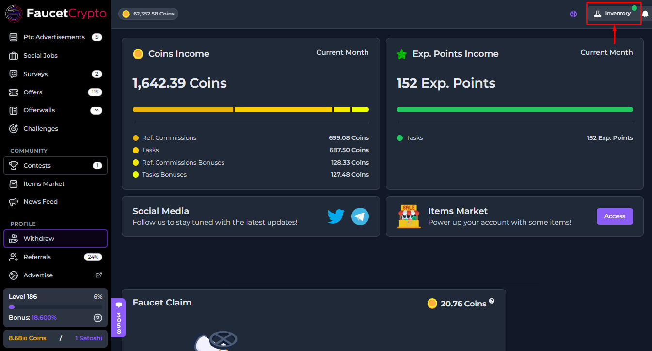 Faucetcrypto Dashboard Inventory Pn