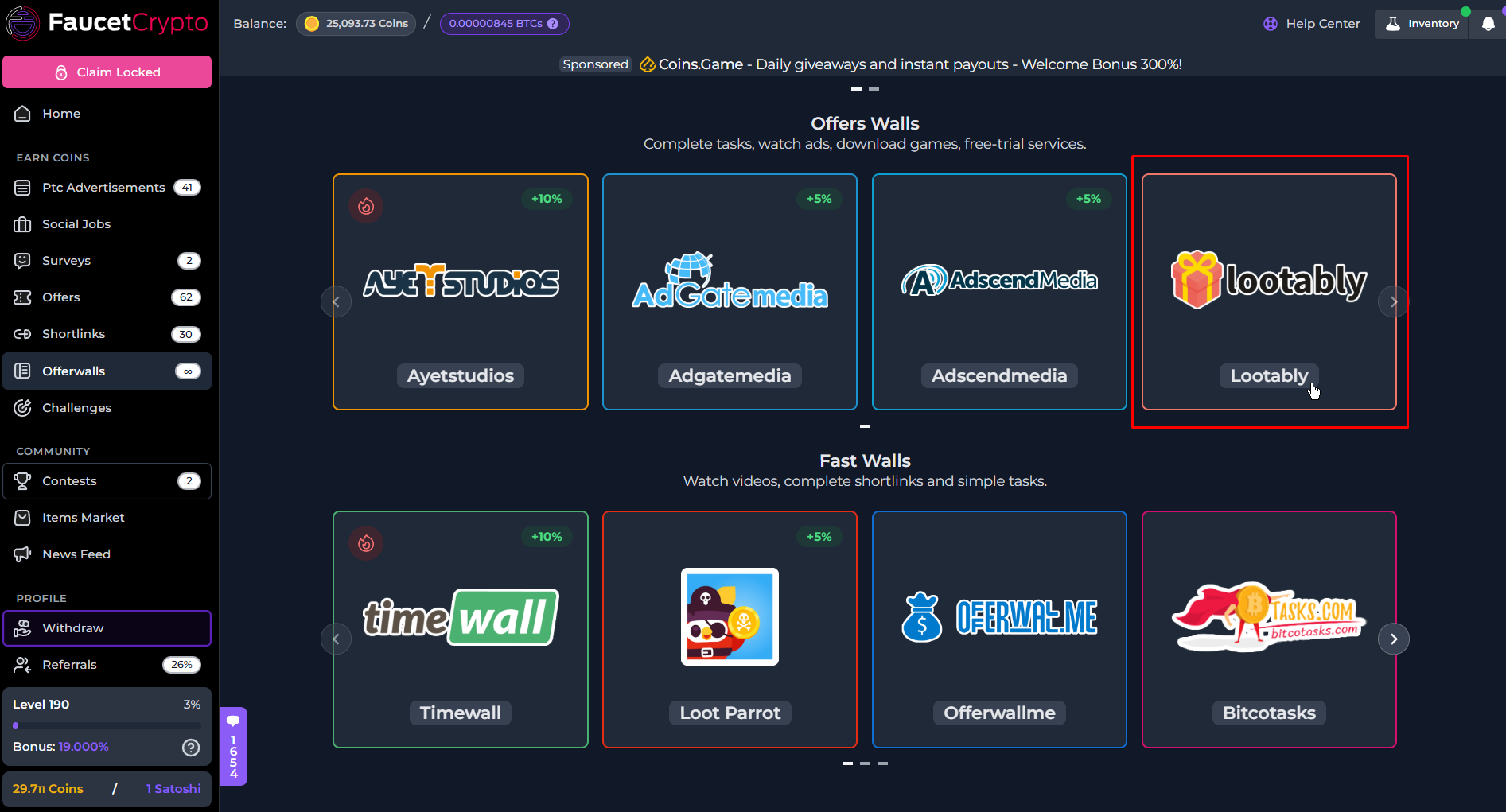 Faucetcrypto Offerwalls Lootably Pn