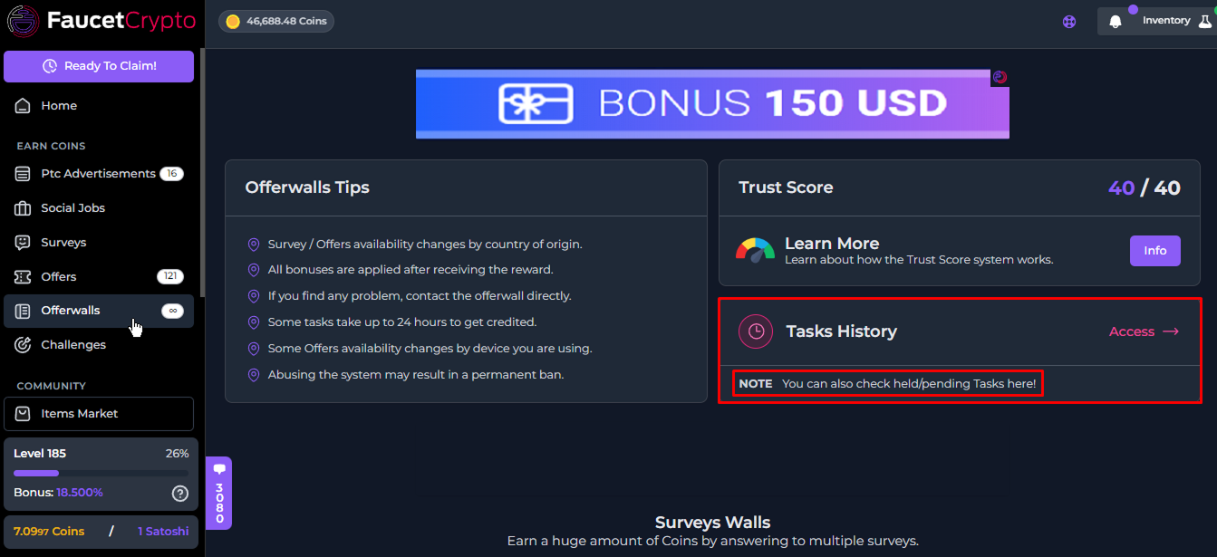 Faucetcrypto Offerwalls Taskhistory Pn