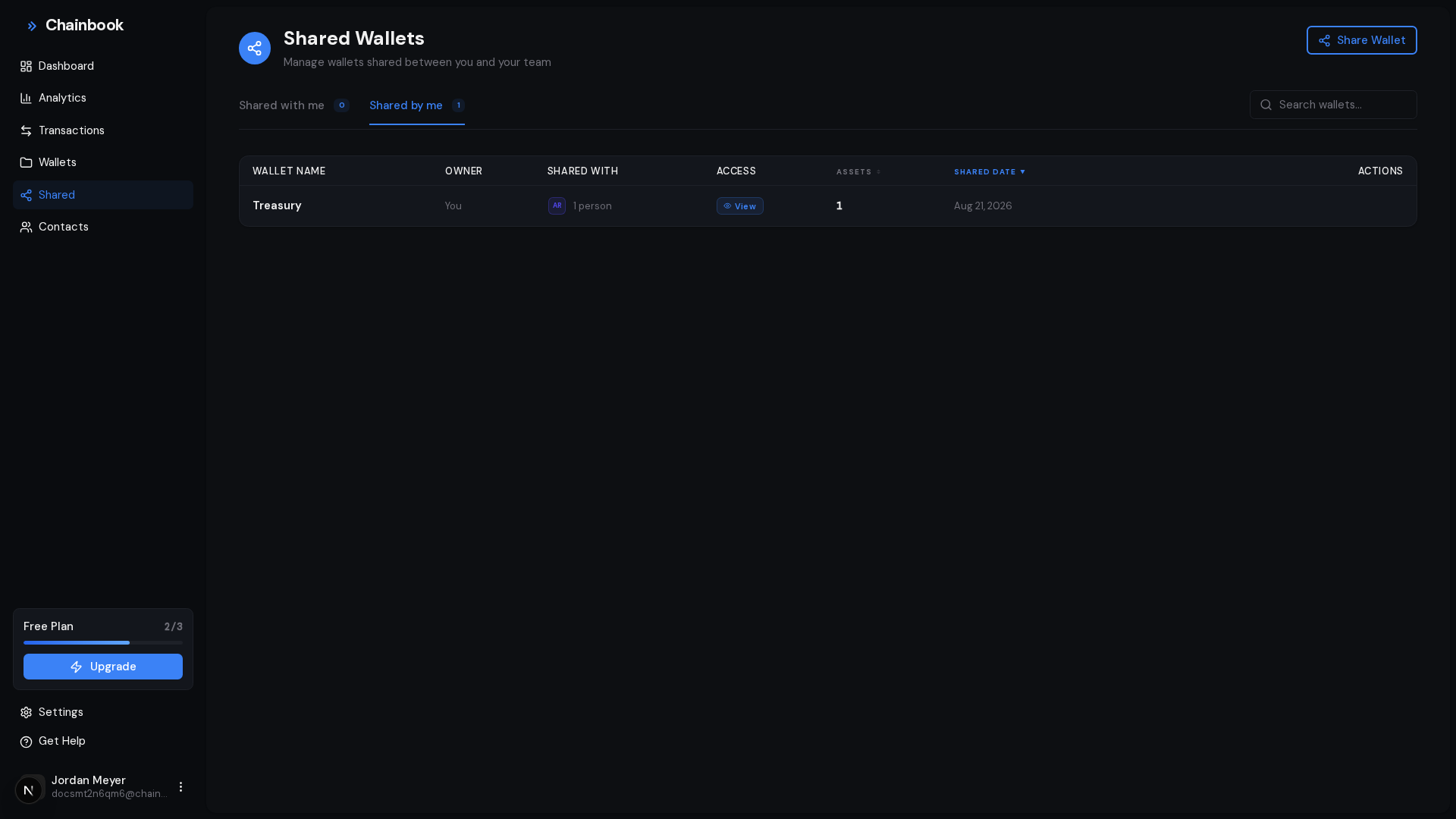 Shared wallets view showing pending and accepted invitations