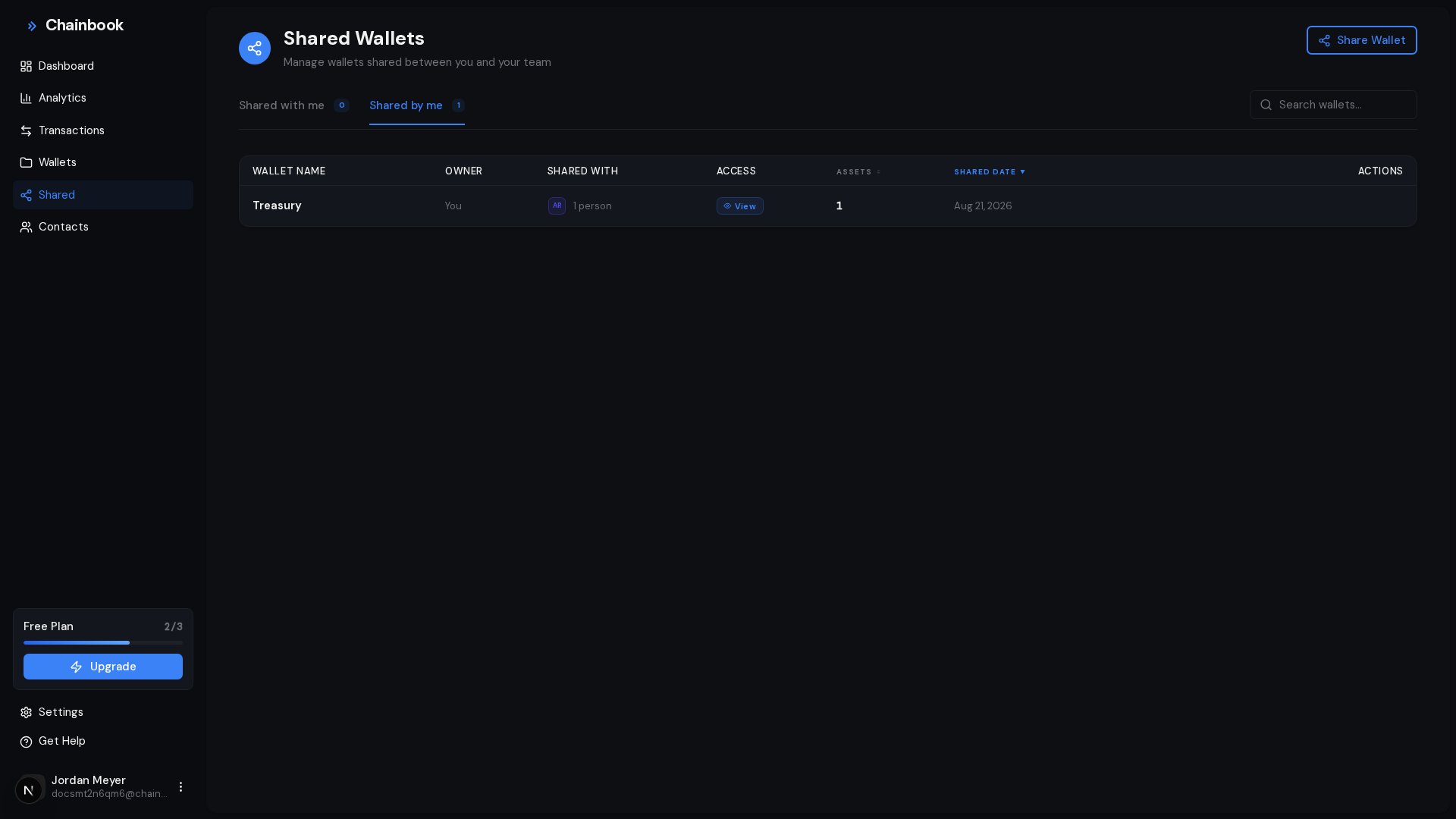 Shared wallets view showing pending and accepted invitations
