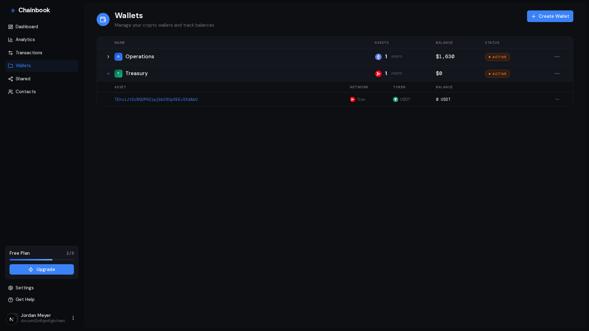 Wallets list view showing multiple wallets