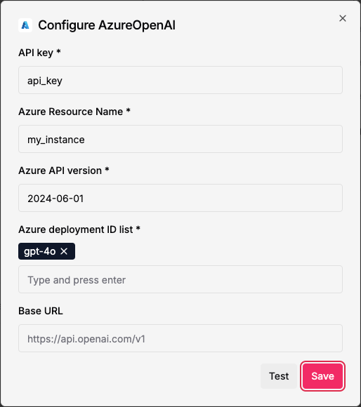 An example of an Azure OpenAI credential configuration.
