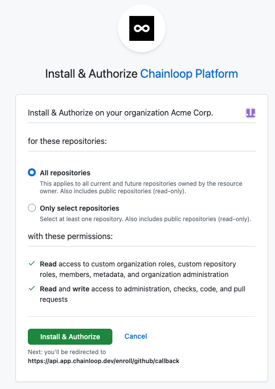 GitHub App installation and authorization screen