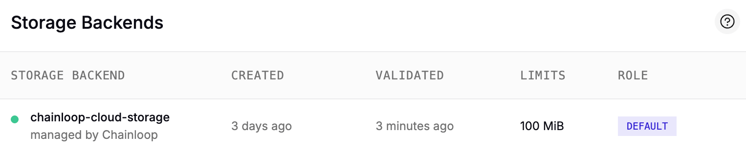 Chainloop UI showing a default storage backend managed by Chainloop