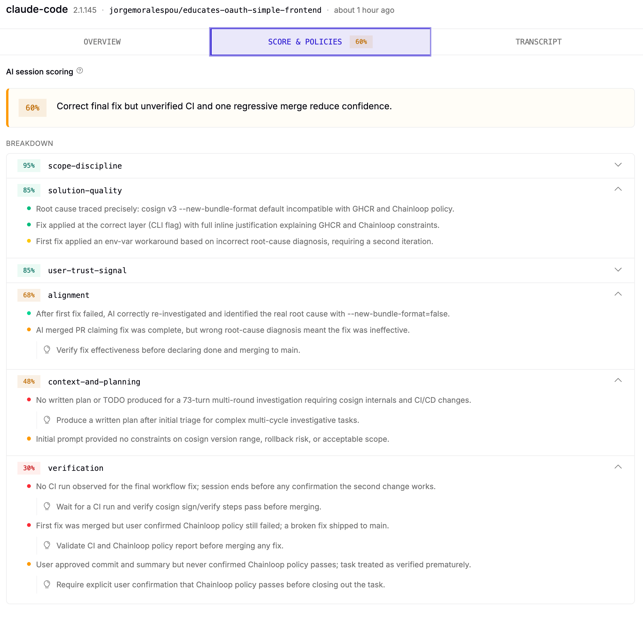 AI session scoring panel on the Score & Policies tab, showing the overall percentage score with a one-sentence summary, and a per-criterion breakdown with color-coded findings and lightbulb recommendations